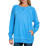 Zenana Zenana Pigment Dyed French Terry Pullover with Pockets Ocean Blue