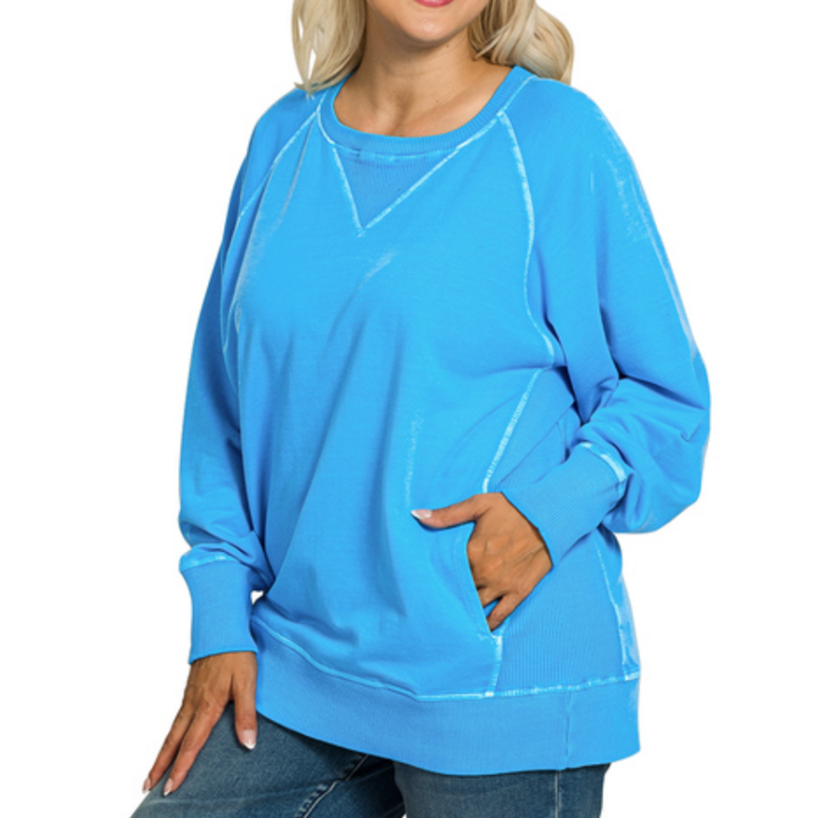 Zenana Zenana Pigment Dyed French Terry Pullover with Pockets Ocean Blue