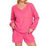Zenana Zenana Ribbed Hacci V-Neck Long Sleeve Tee & Shorts Set Candy Pink