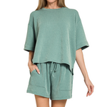 Zenana Zenana Raised Rib Short Sleeve Tee & Short Set Jade