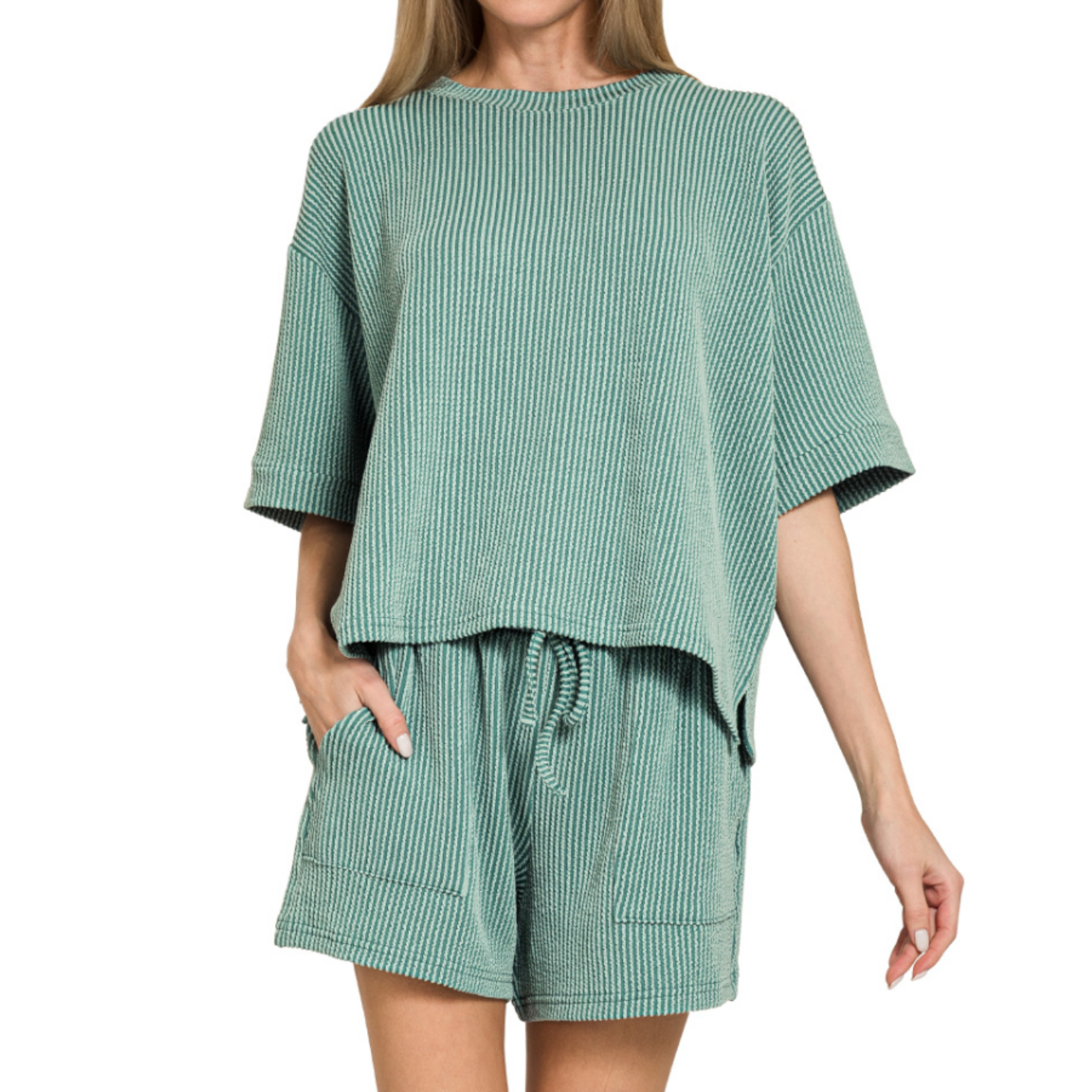 Zenana Zenana Raised Rib Short Sleeve Tee & Short Set Jade