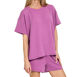 Zenana Zenana Ribbed Short Sleeve Tee & Shorts Set Light Plum