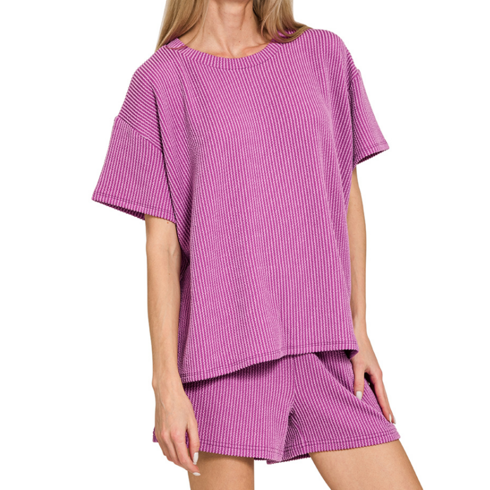Zenana Zenana Ribbed Short Sleeve Tee & Shorts Set Light Plum