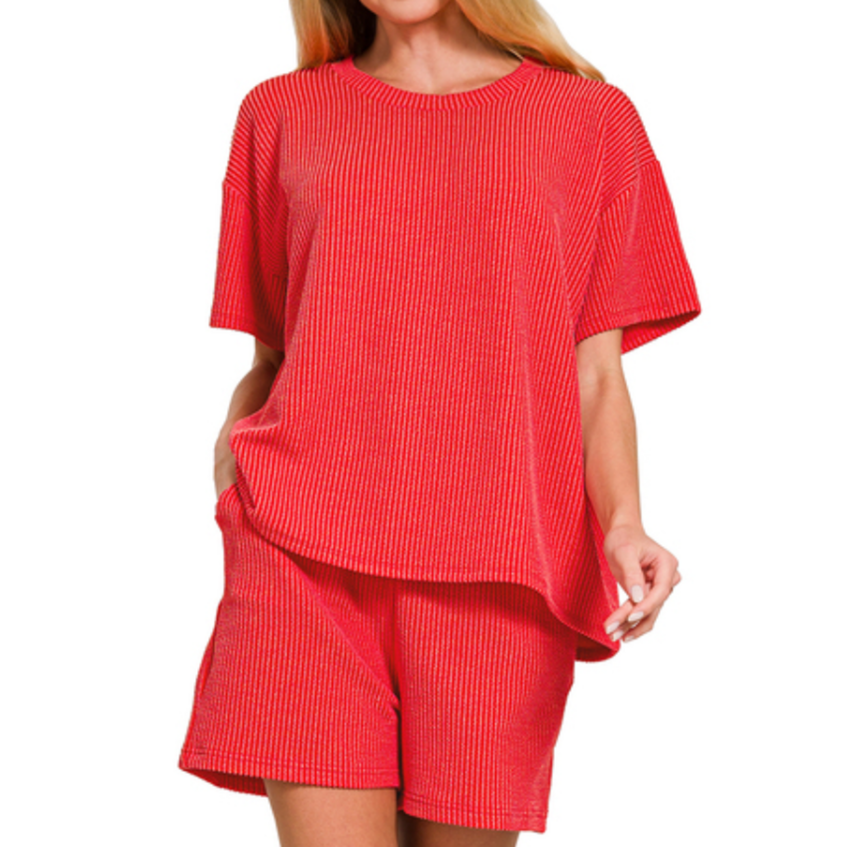 Zenana Zenana Ribbed Short Sleeve Tee & Shorts Set Ruby