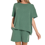Zenana Zenana Ribbed Short Sleeve Tee & Shorts Set Hunter Green