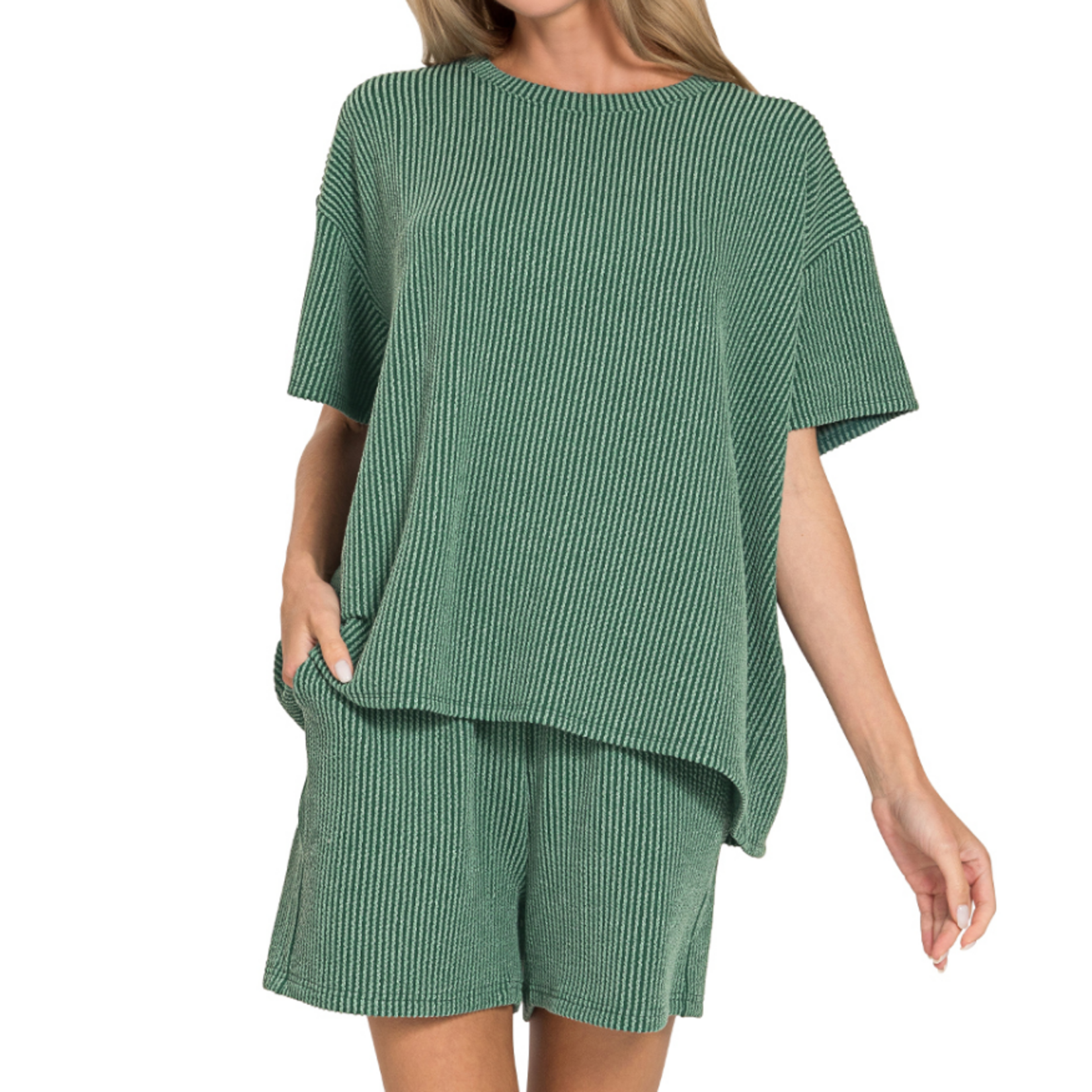 Zenana Zenana Ribbed Short Sleeve Tee & Shorts Set Hunter Green