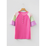 66 Disco 66 Disco Twisted Rib Color Block Henley Top Pink