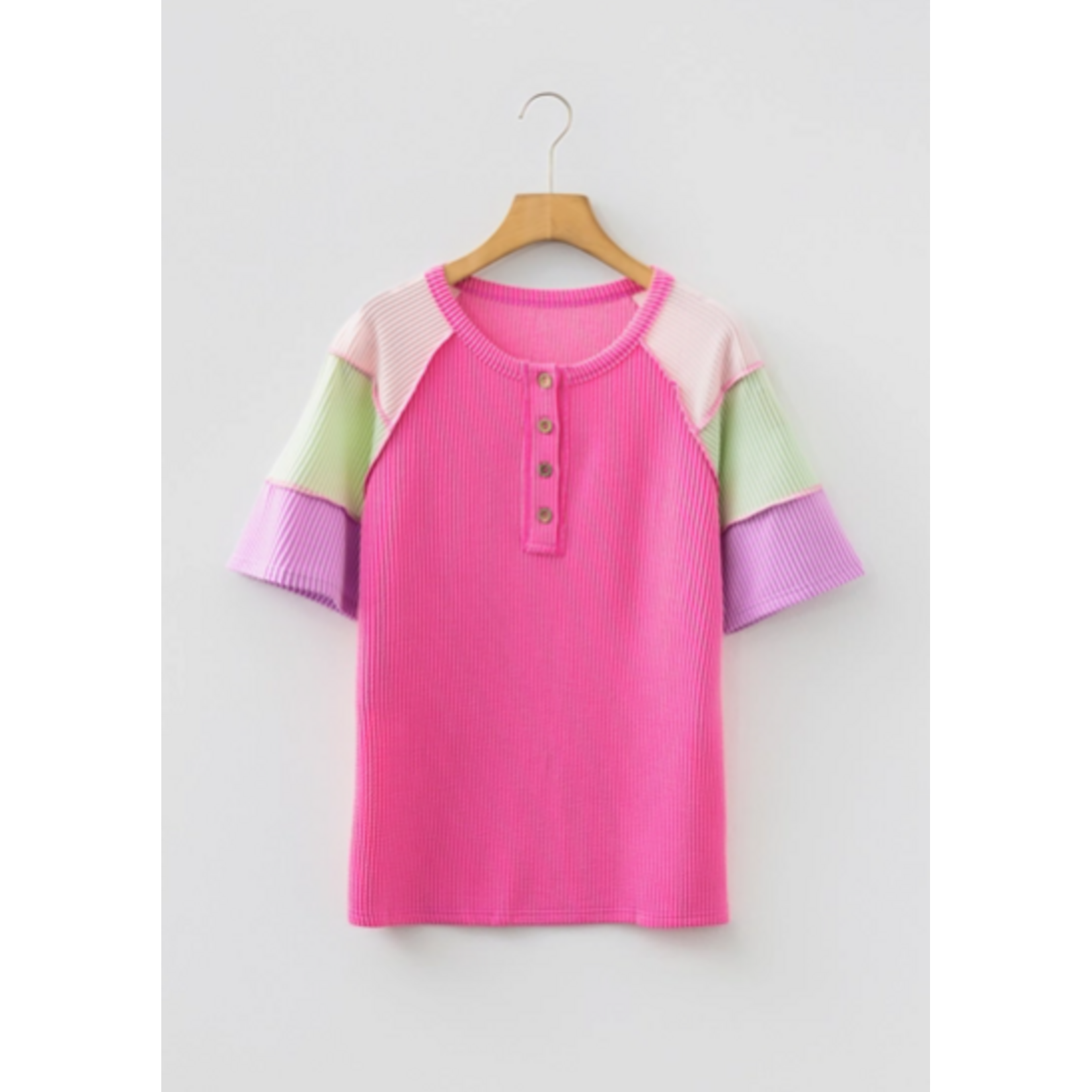 66 Disco Twisted Rib Color Block Henley Top Pink