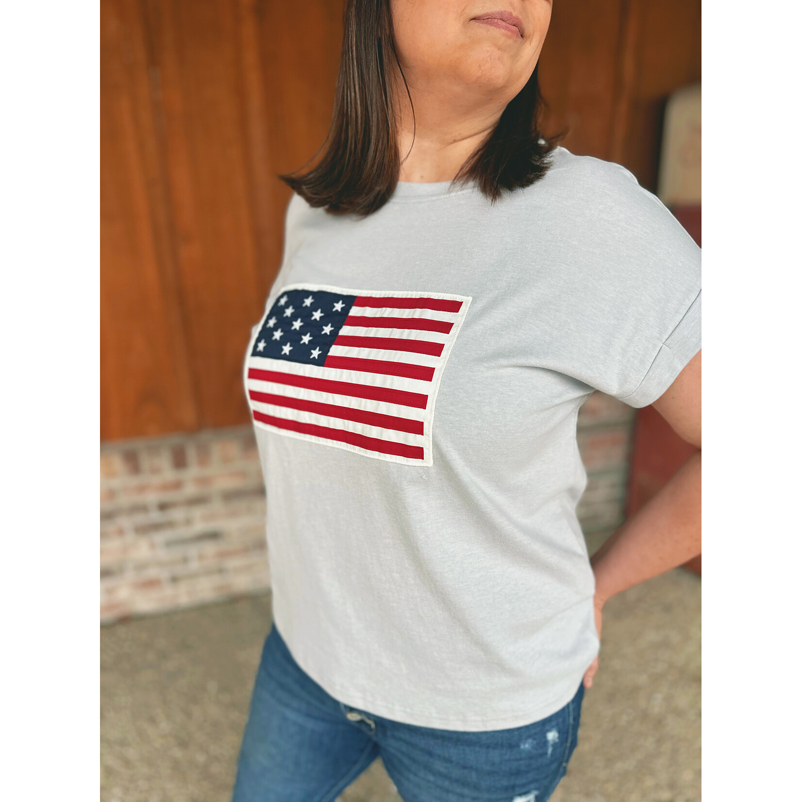 Zenana Zenana American Flag Tee Heather Grey