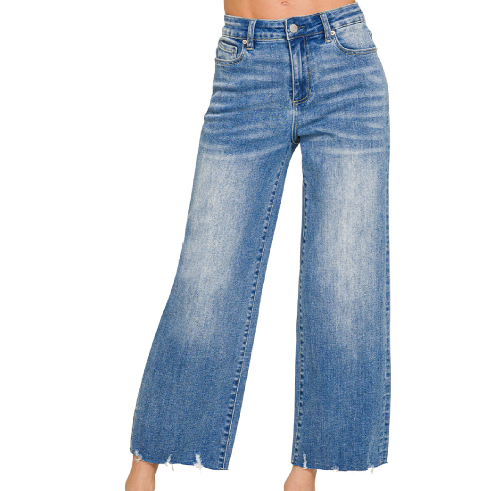 Zenana Zenana Medium Wash Wide Leg Raw Hem Cropped Denim 9526