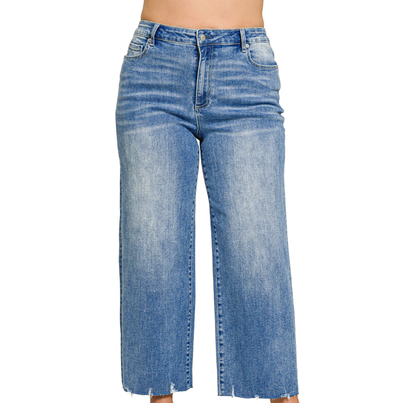 Zenana Zenana Medium Wash Wide Leg Raw Hem Cropped Denim 9526