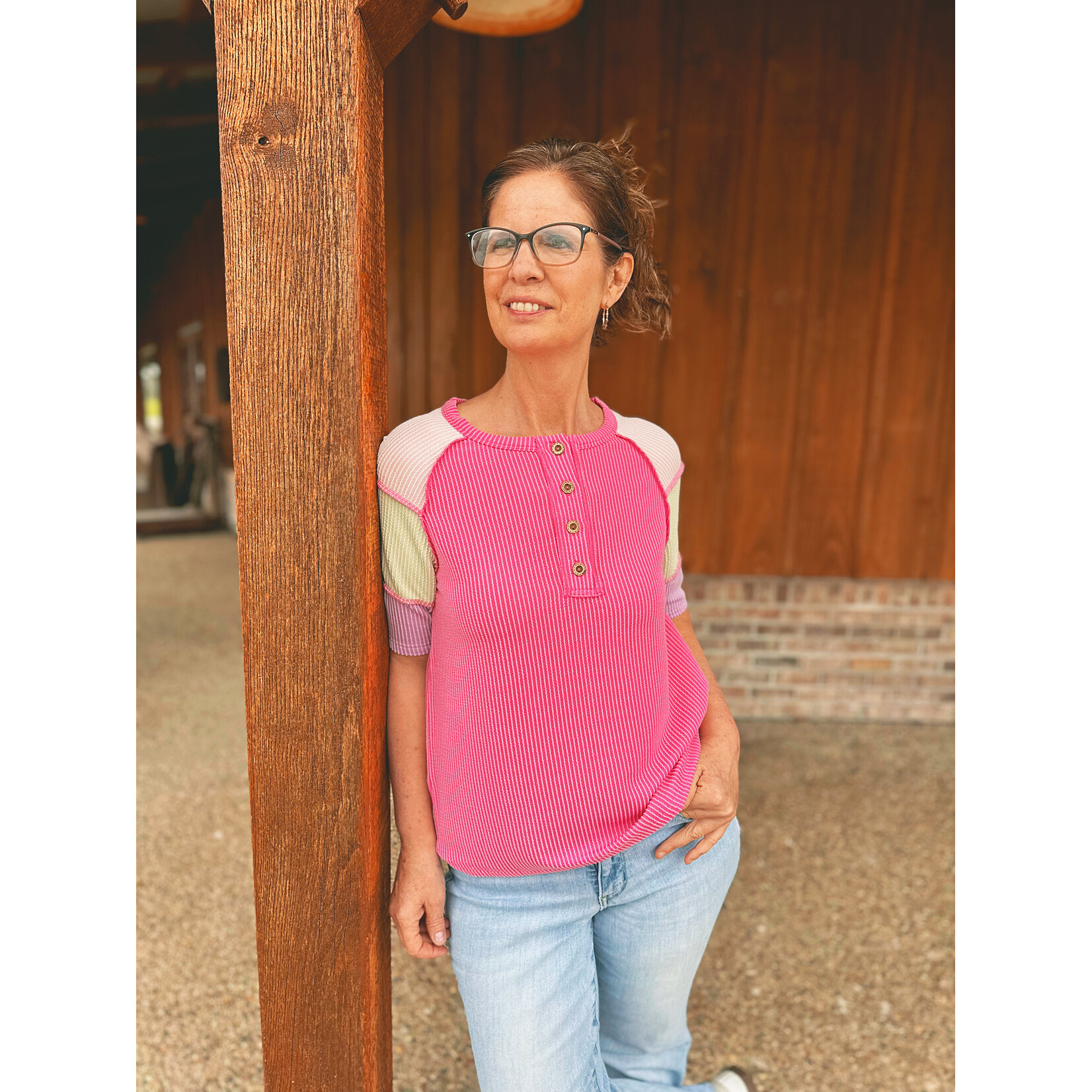 66 Disco Twisted Rib Color Block Henley Top Pink