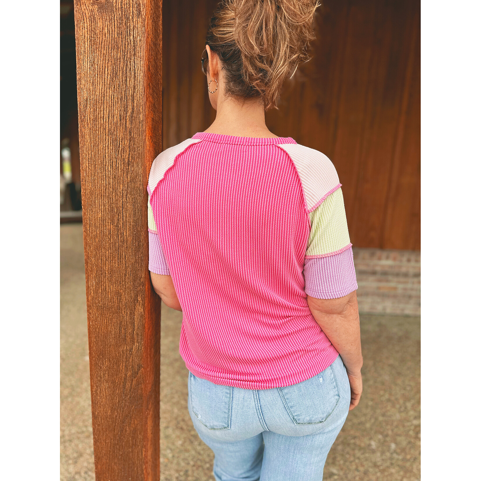 66 Disco Twisted Rib Color Block Henley Top Pink