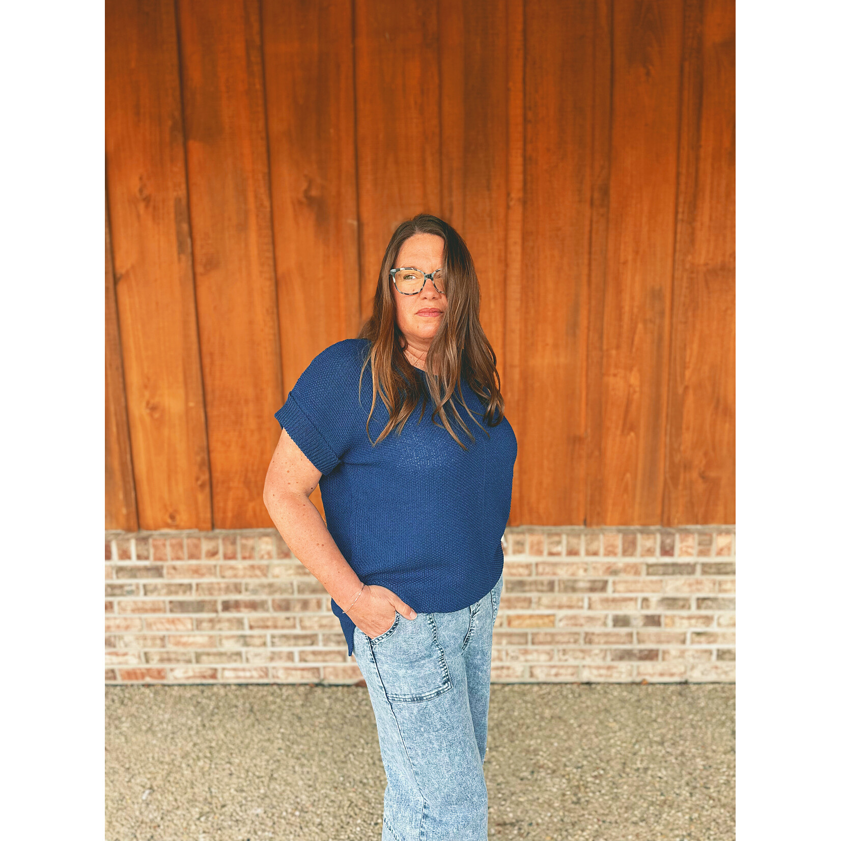 Zenana Zenana Center Seam Short Sleeve Sweater Light Navy