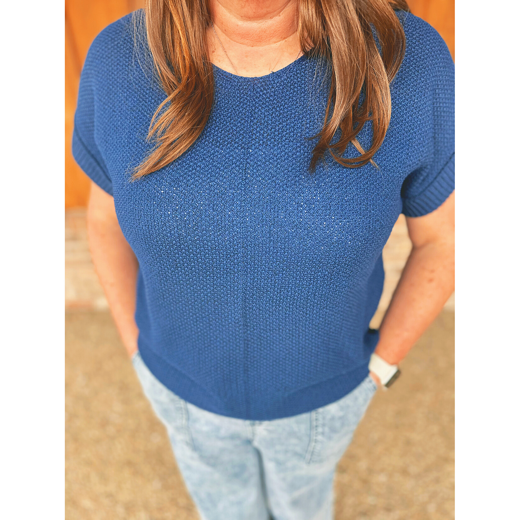 Zenana Zenana Center Seam Short Sleeve Sweater Light Navy