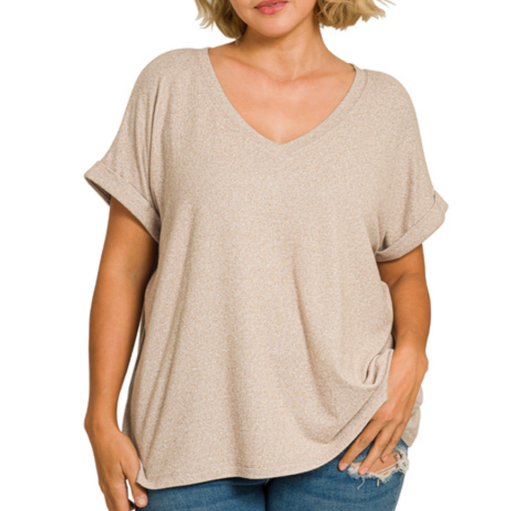 Zenana Zenana Soft Melange Hacci V-Neck Tee Ash Mocha