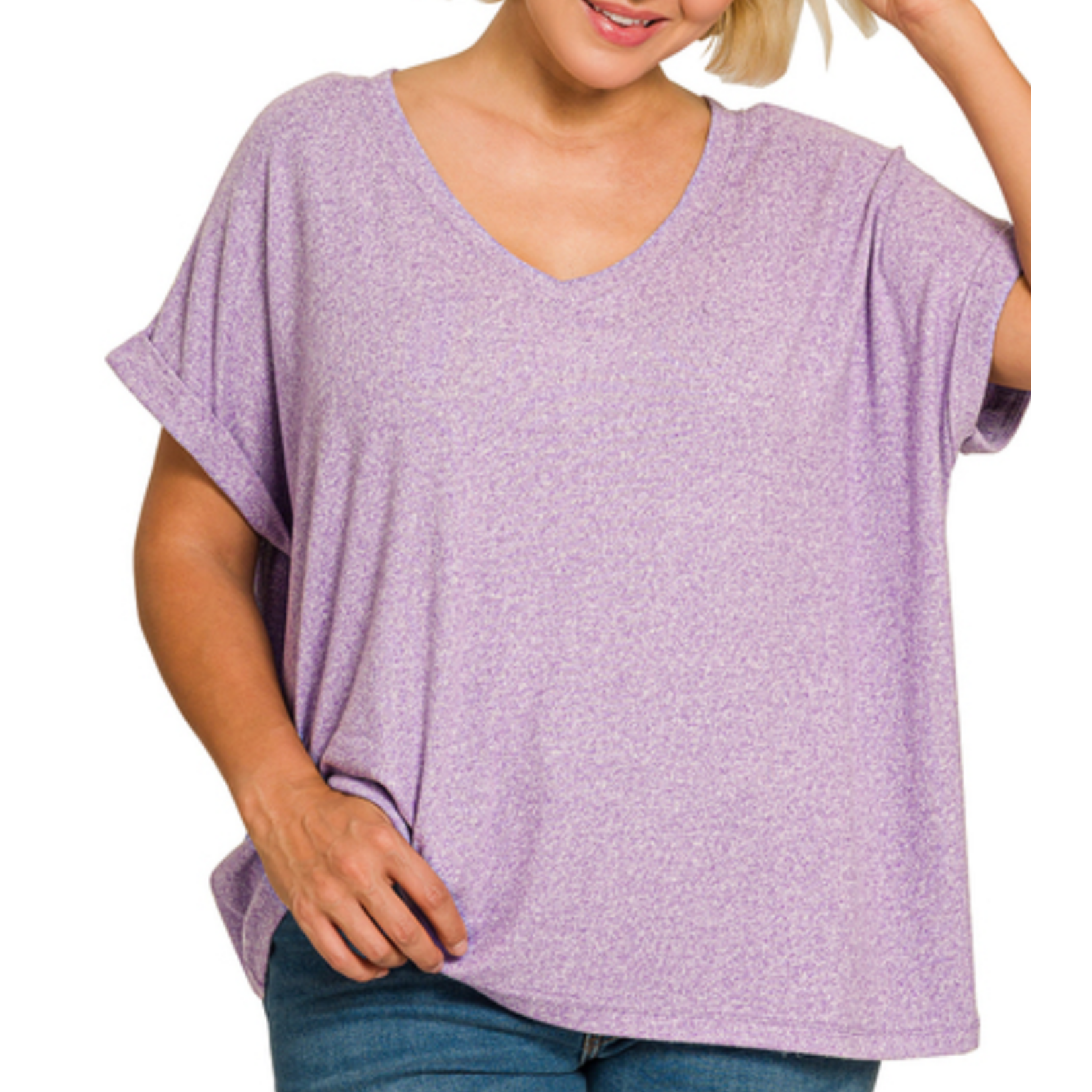 Zenana Zenana Soft Melange Hacci V-Neck Tee Lavender