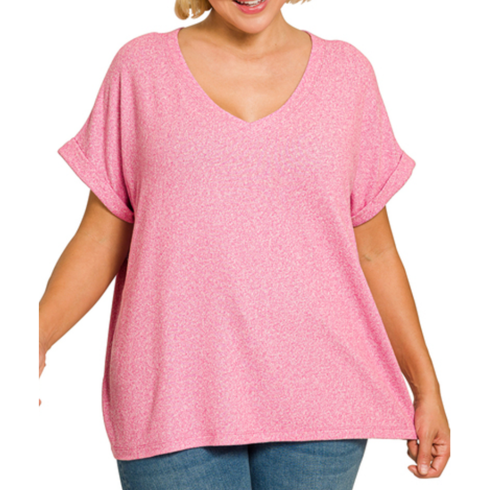 Zenana Zenana Soft Melange Hacci V-Neck Tee Candy Pink
