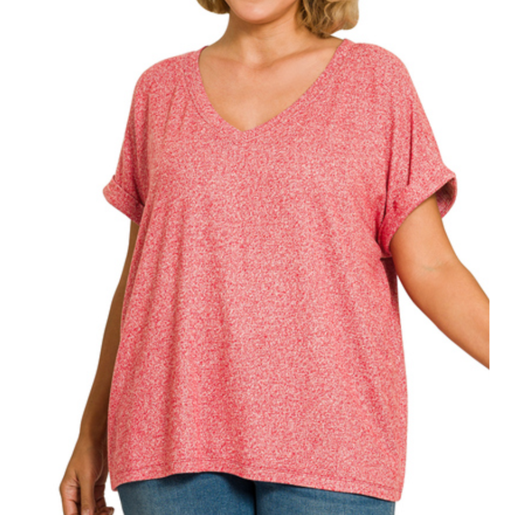 Zenana Zenana Soft Melange Hacci V-Neck Tee Dark Red