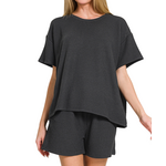 Zenana Zenana Ribbed Short Sleeve Tee & Shorts Set Black