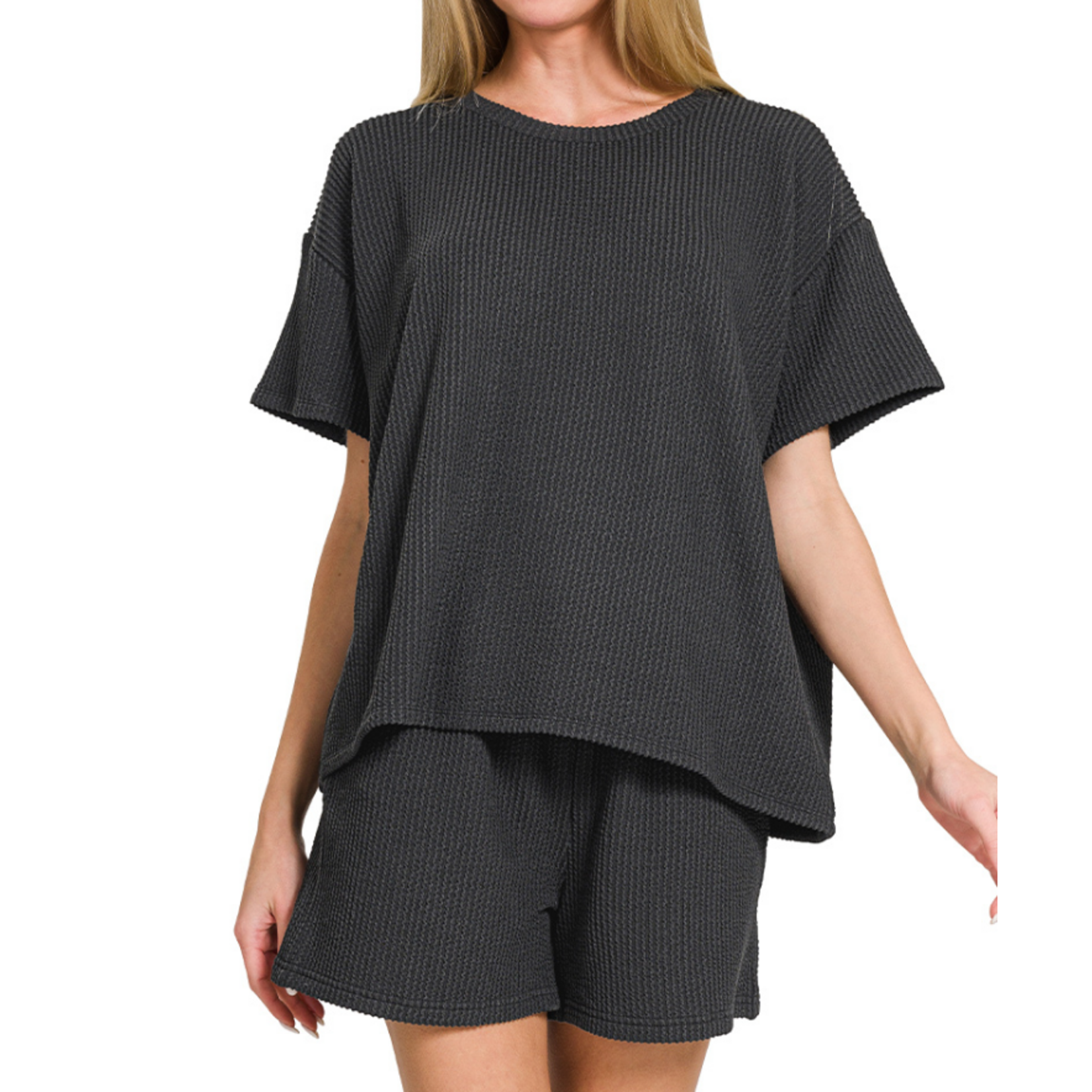Zenana Zenana Ribbed Short Sleeve Tee & Shorts Set Black