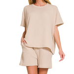 Zenana Zenana Ribbed Short Sleeve Tee & Shorts Set Sand Beige