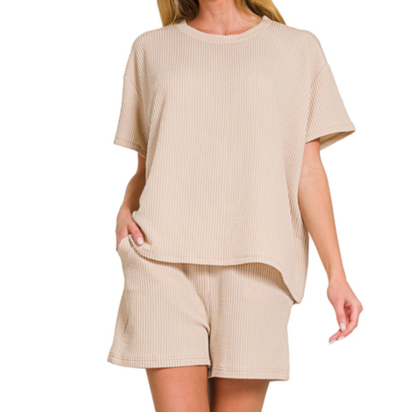 Zenana Zenana Ribbed Short Sleeve Tee & Shorts Set Sand Beige