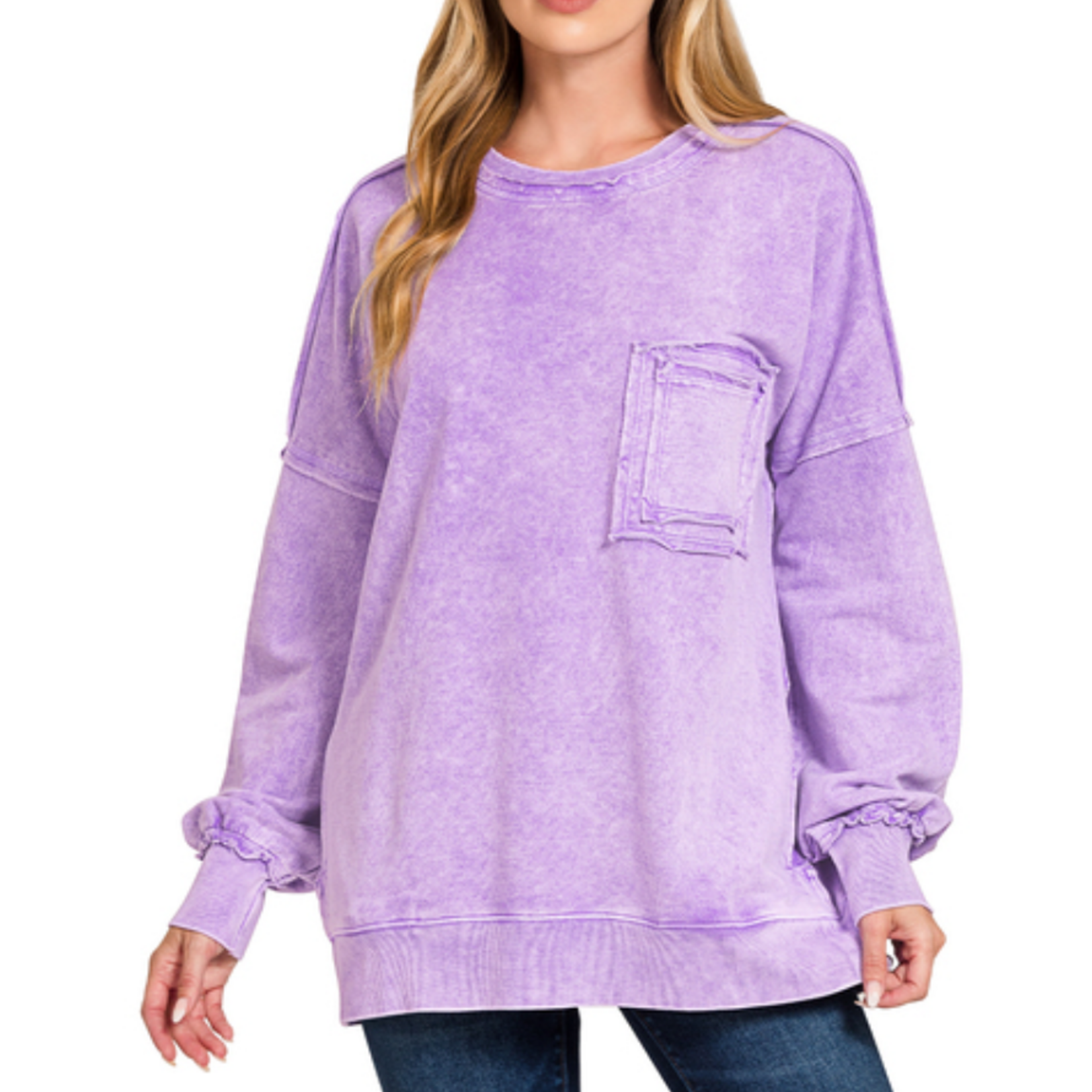 Zenana Zenana Halo Washed French Terry Exposed Seam Sweatshirt Violet
