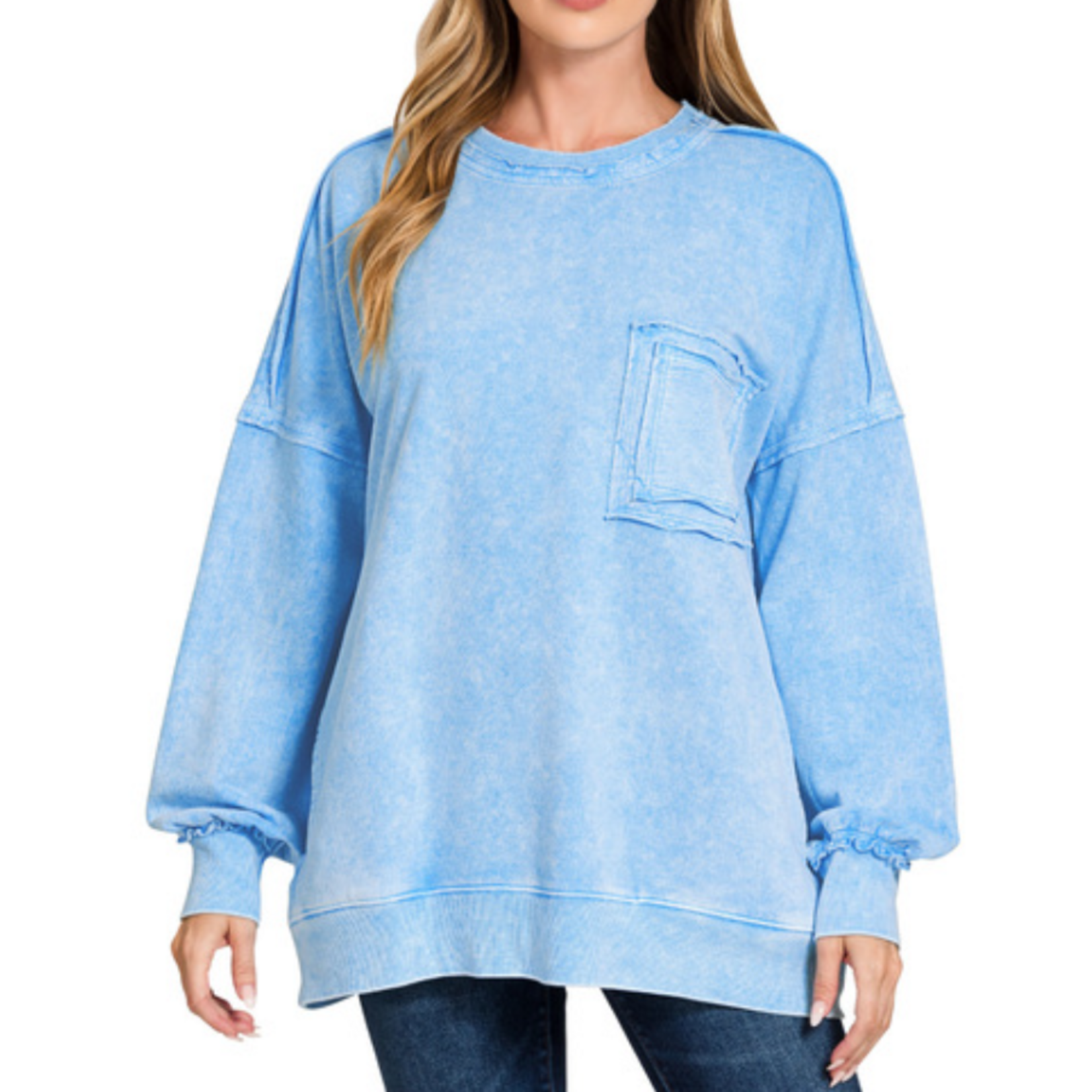 Zenana Zenana Halo Washed French Terry Exposed Seam Sweatshirt Sky Blue