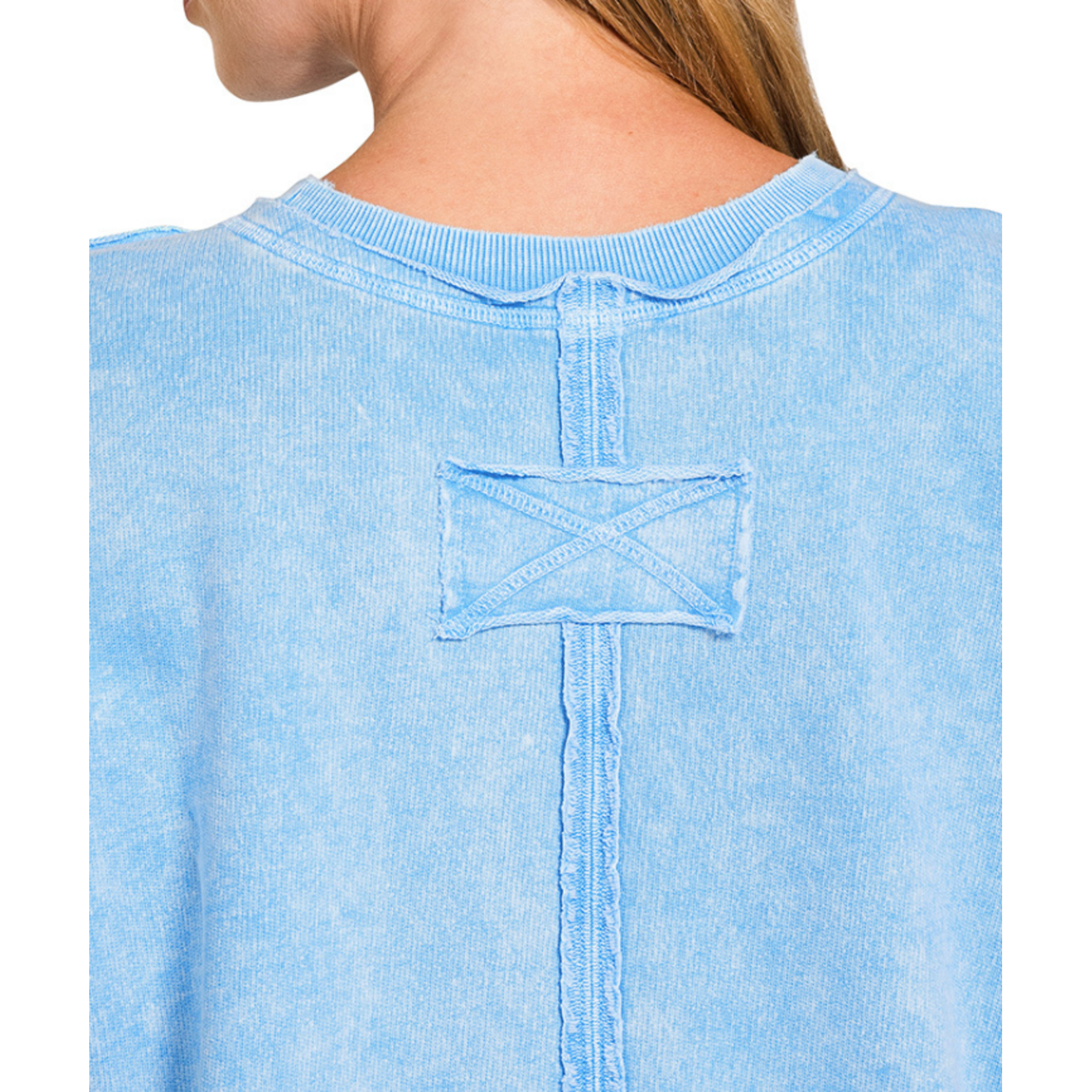 Zenana Zenana Halo Washed French Terry Exposed Seam Sweatshirt Sky Blue