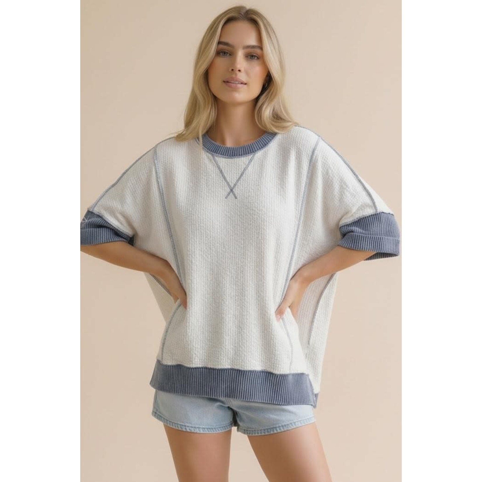 Haptics Haptics Round Neck Oversized Loose Fit Ribbed Top Ivory/Denim