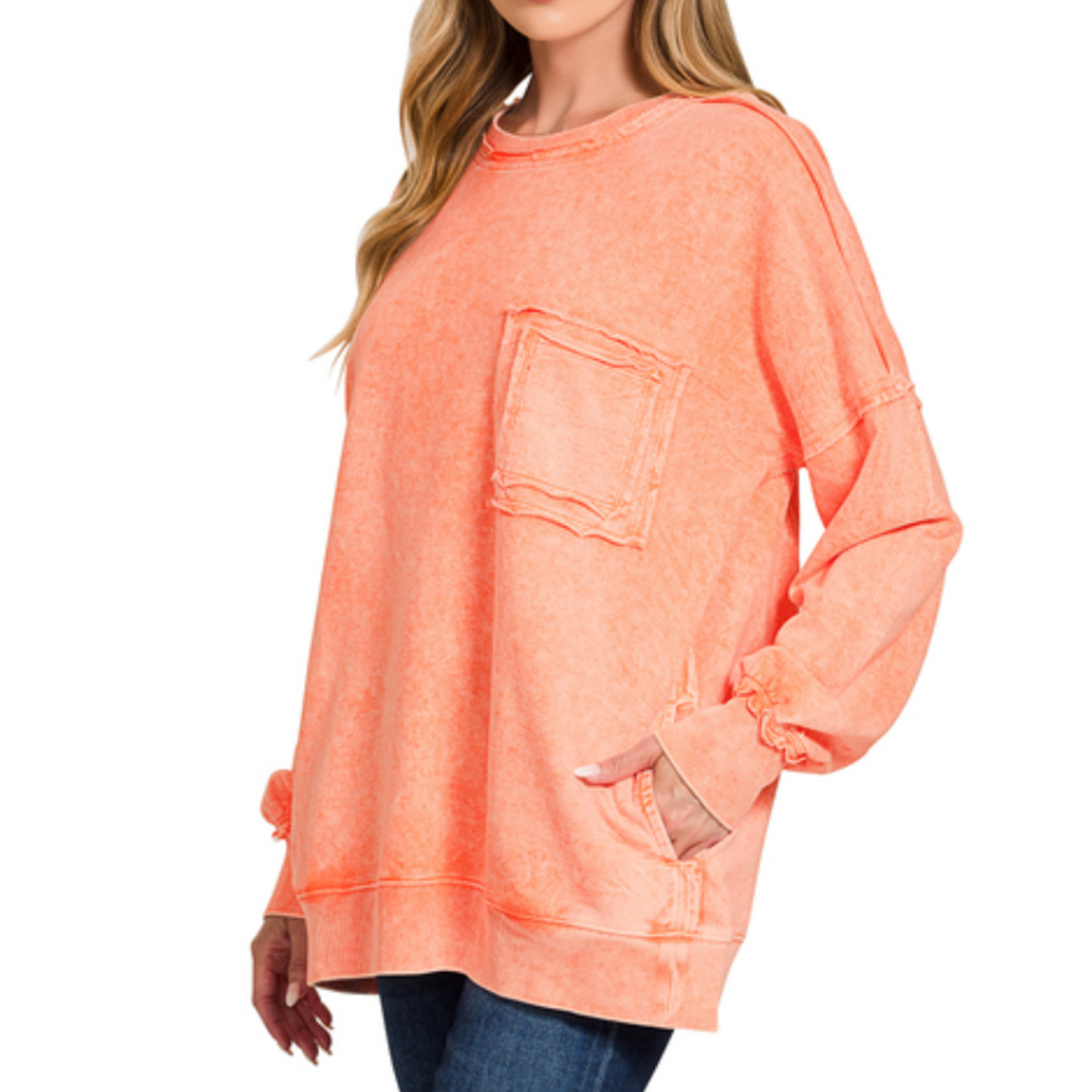 Zenana Zenana Halo Washed French Terry Exposed Seam Sweatshirt Orange