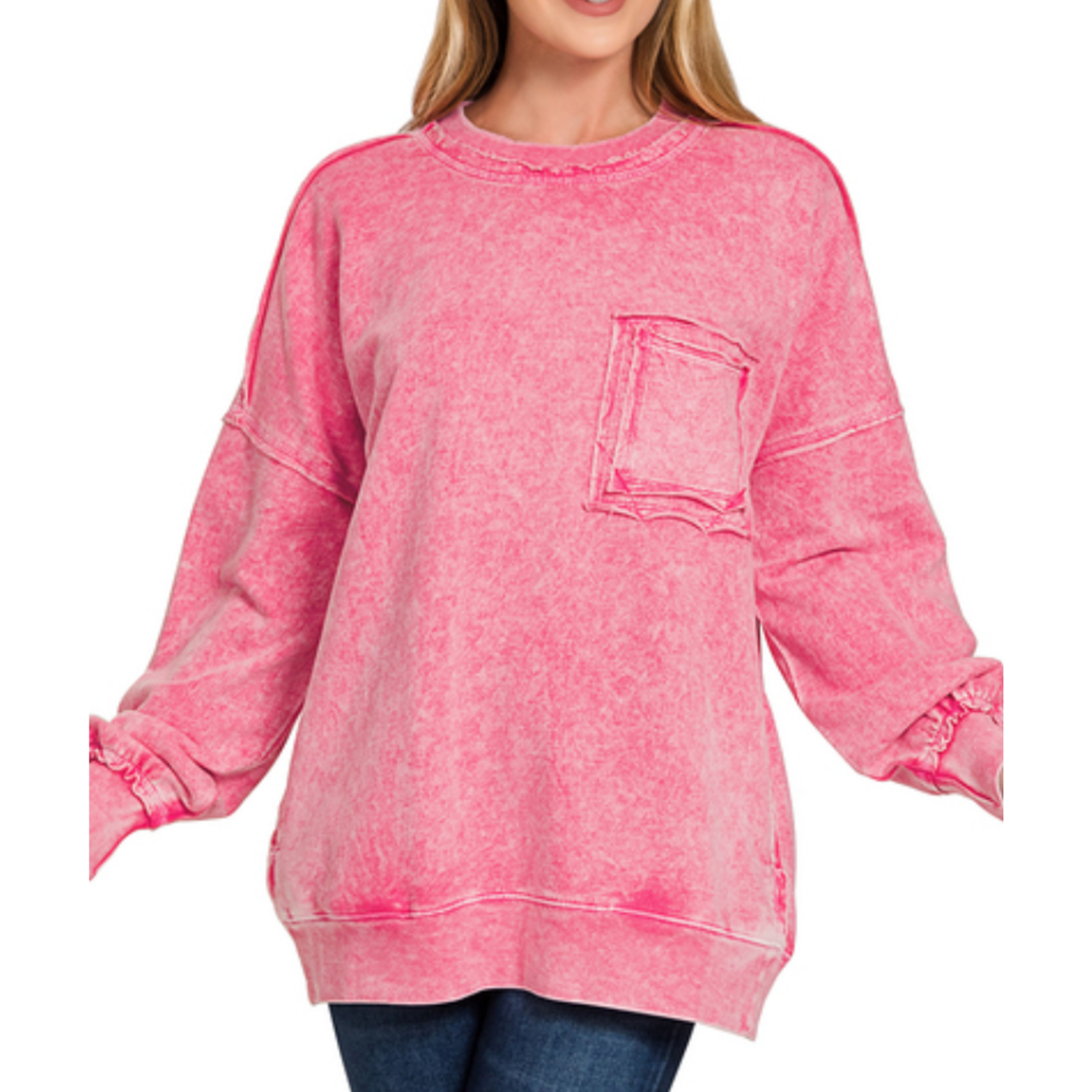 Zenana Zenana Halo Washed French Terry Exposed Seam Sweatshirt Red