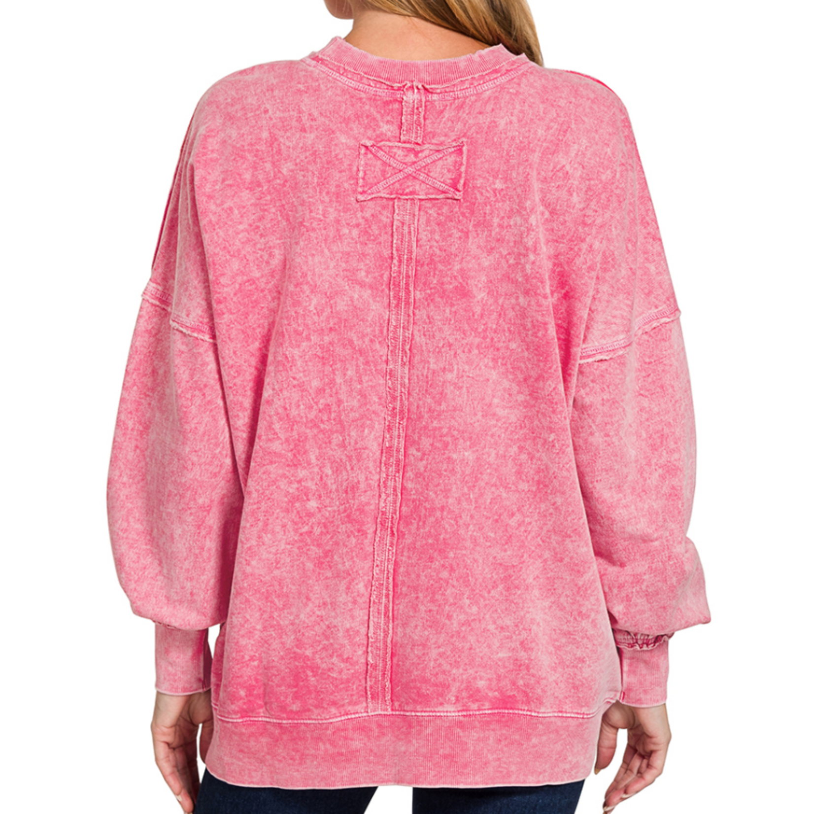 Zenana Zenana Halo Washed French Terry Exposed Seam Sweatshirt Red