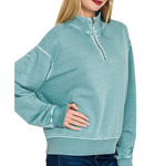 Zenana Zenana Pigment Dyed Enzyme Washed Half Zip Pullover Blue Grey