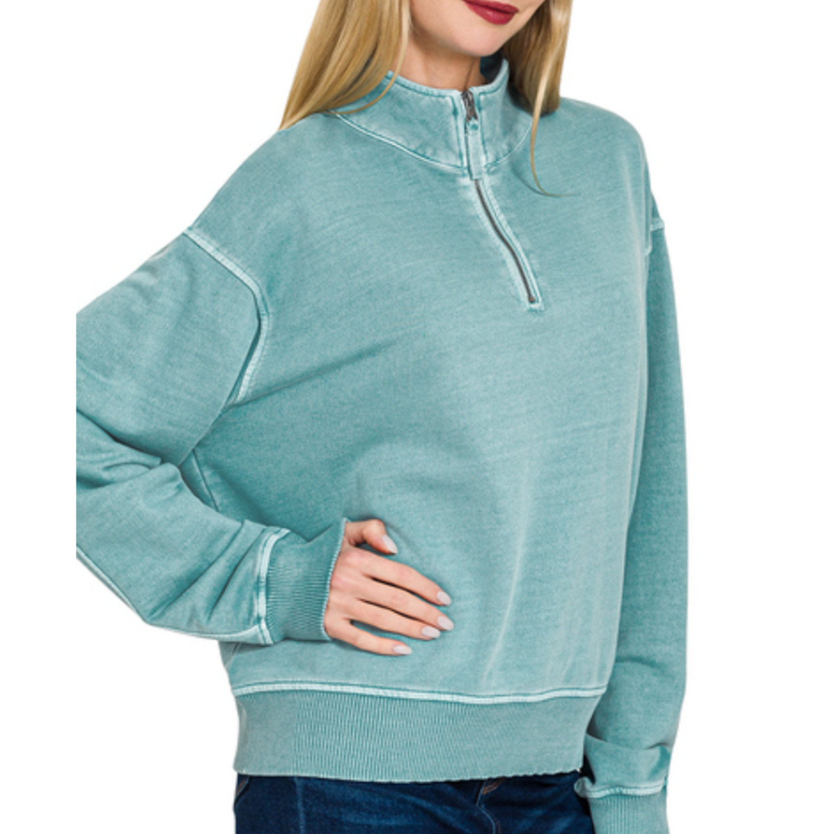 Zenana Zenana Pigment Dyed Enzyme Washed Half Zip Pullover Blue Grey
