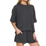 Zenana Zenana Raised Rib Short Sleeve Tee & Short Set Black