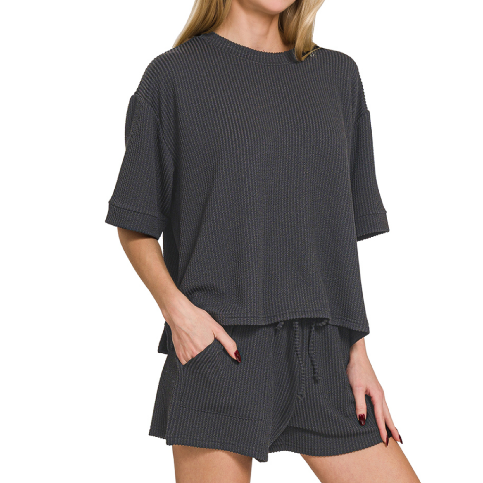 Zenana Zenana Raised Rib Short Sleeve Tee & Short Set Black
