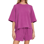 Zenana Zenana Raised Rib Short Sleeve Tee & Short Set Plum