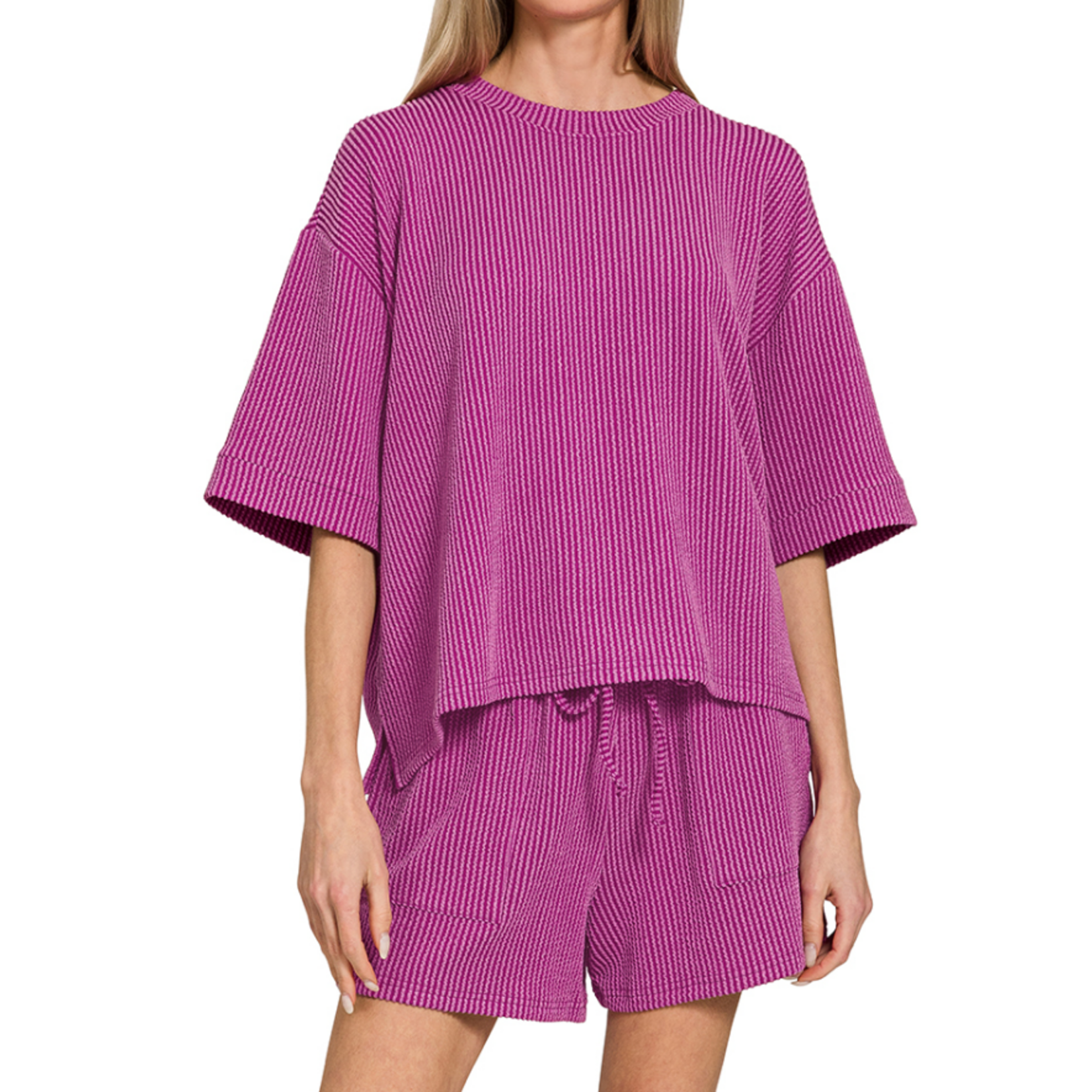 Zenana Zenana Raised Rib Short Sleeve Tee & Short Set Plum