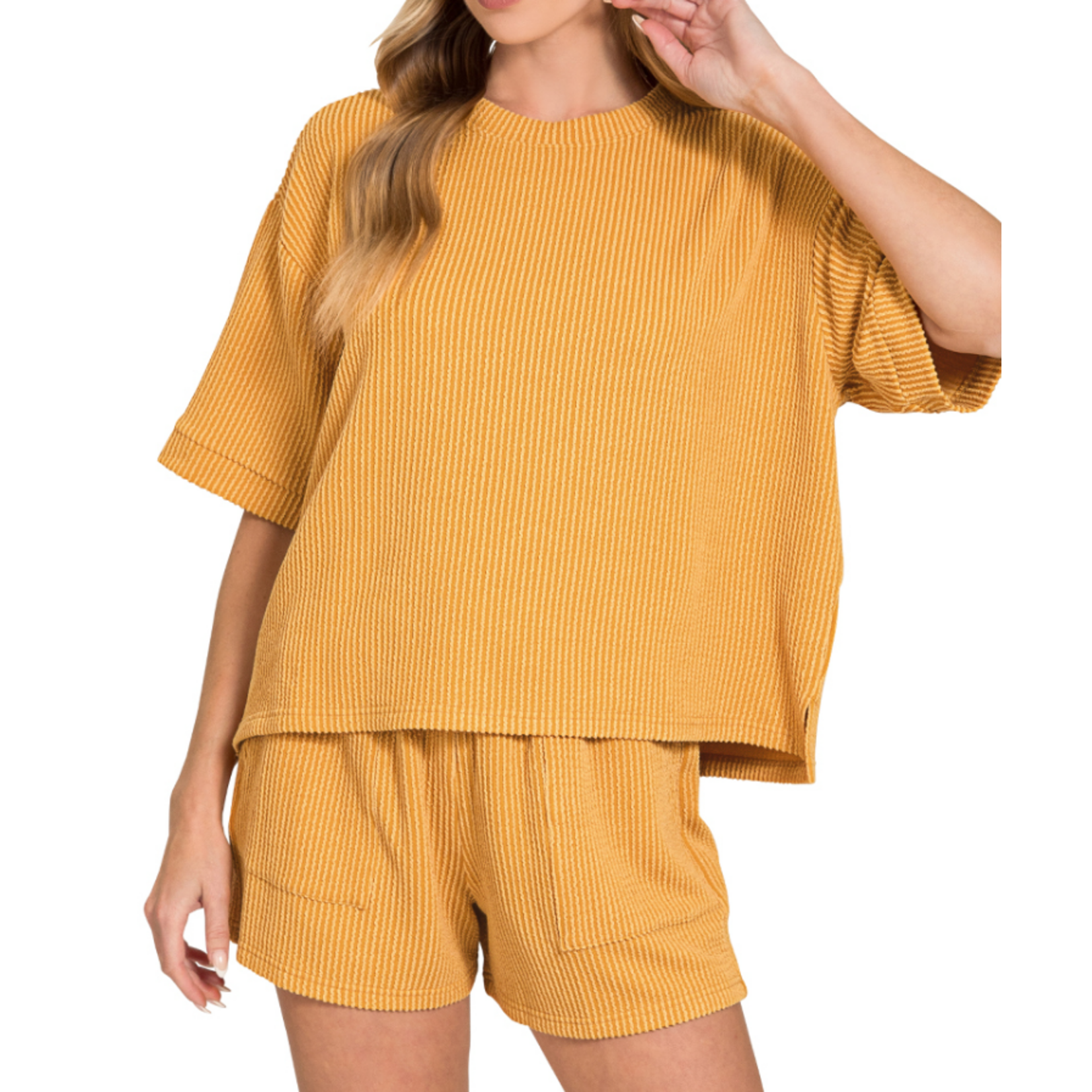 Zenana Zenana Raised Rib Short Sleeve Tee & Short Set Mustard