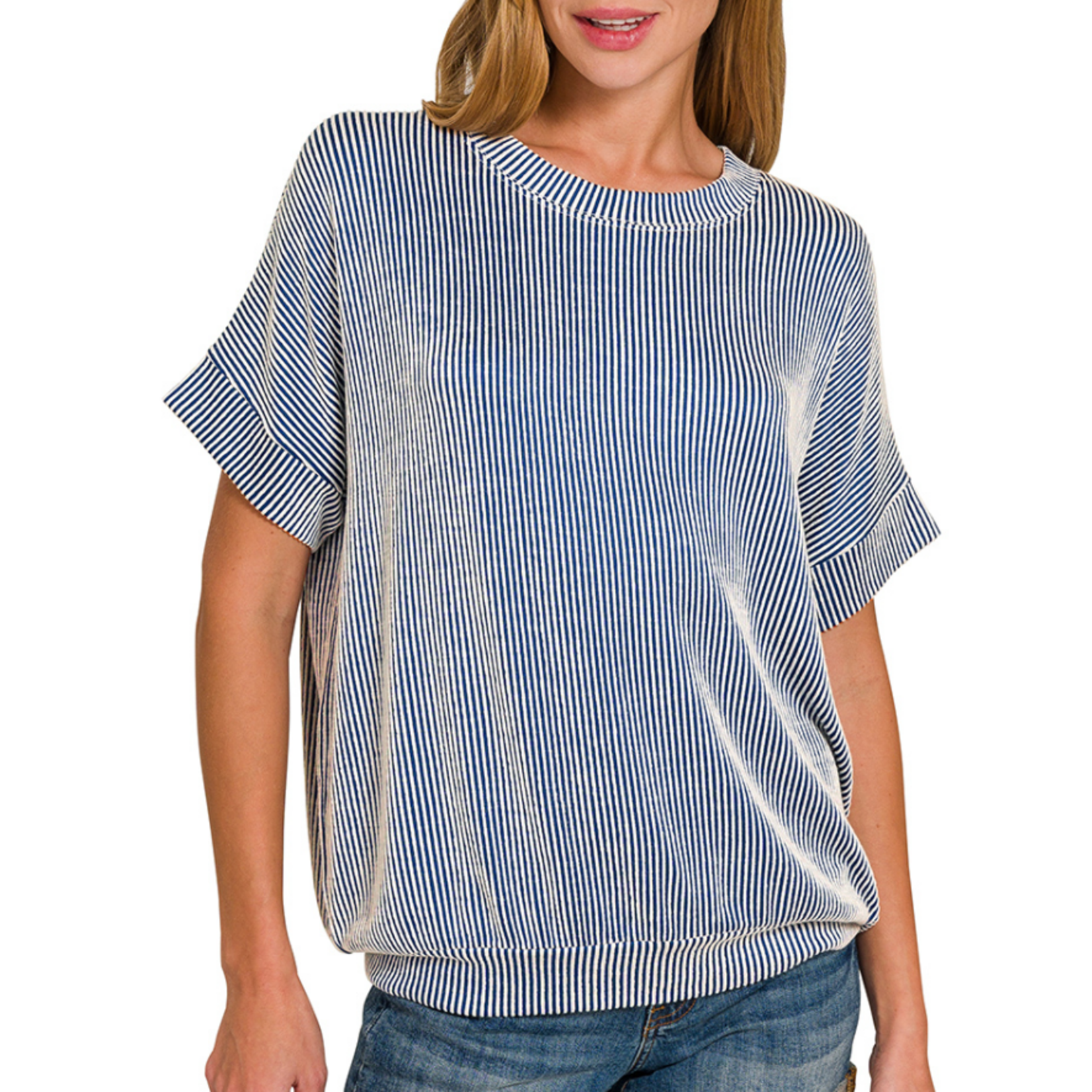 Zenana Zenana Corded Rib Short Sleeve Top Light Navy
