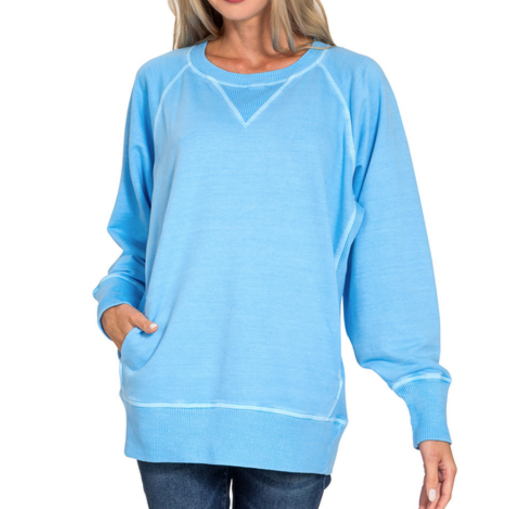 Zenana Zenana Pigment Dyed French Terry Pullover with Pockets Deep Sky