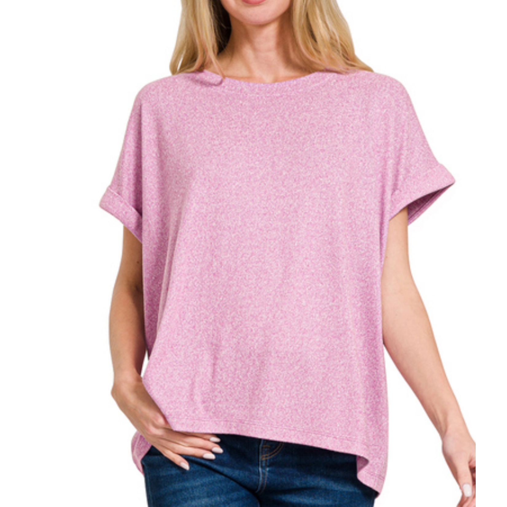 Zenana Zenana Soft Melange Hacci Short Sleeve Top Bright Mauve