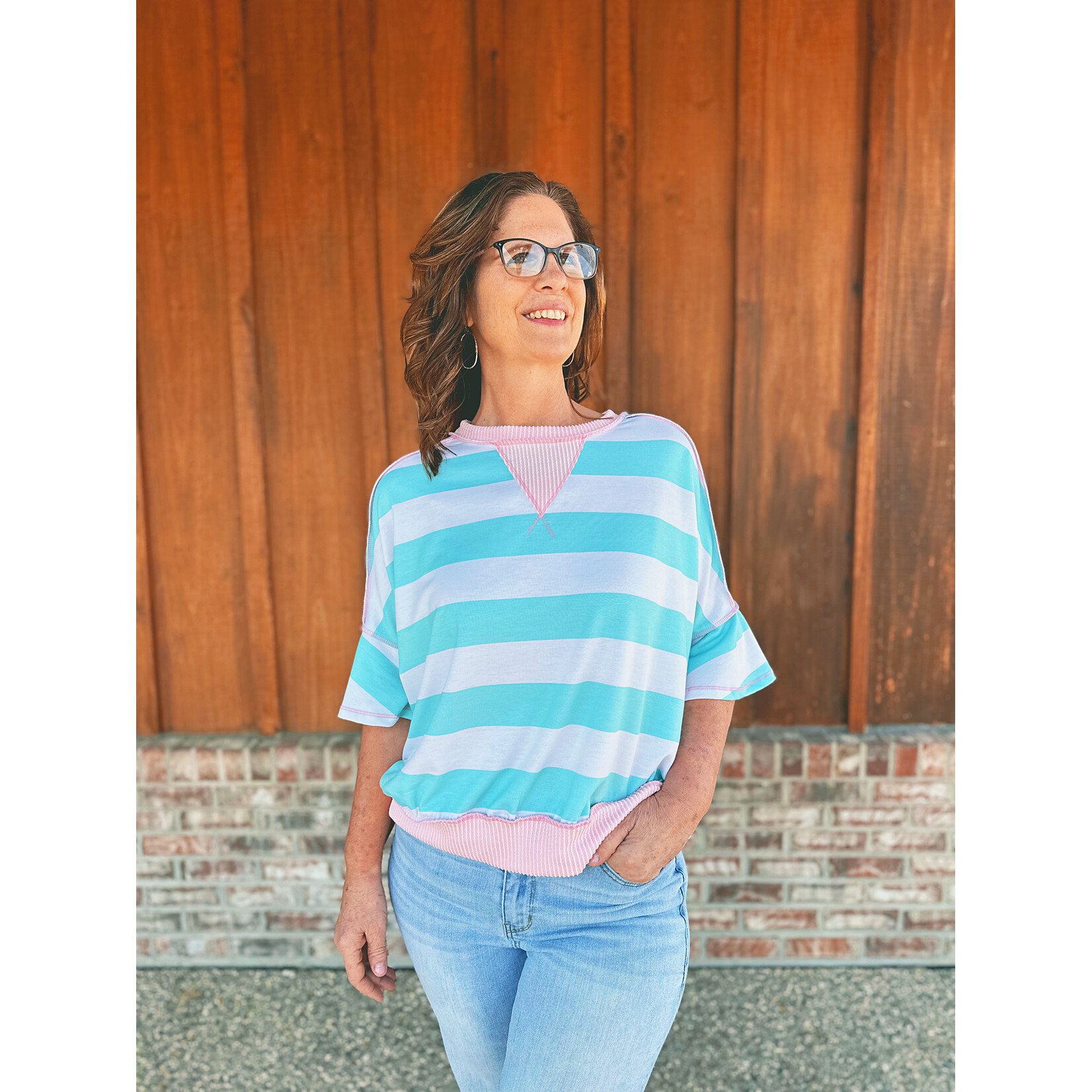 Haptics Haptics Flutter Elbow Sleeve Stripe French Terry Top Mint Blush