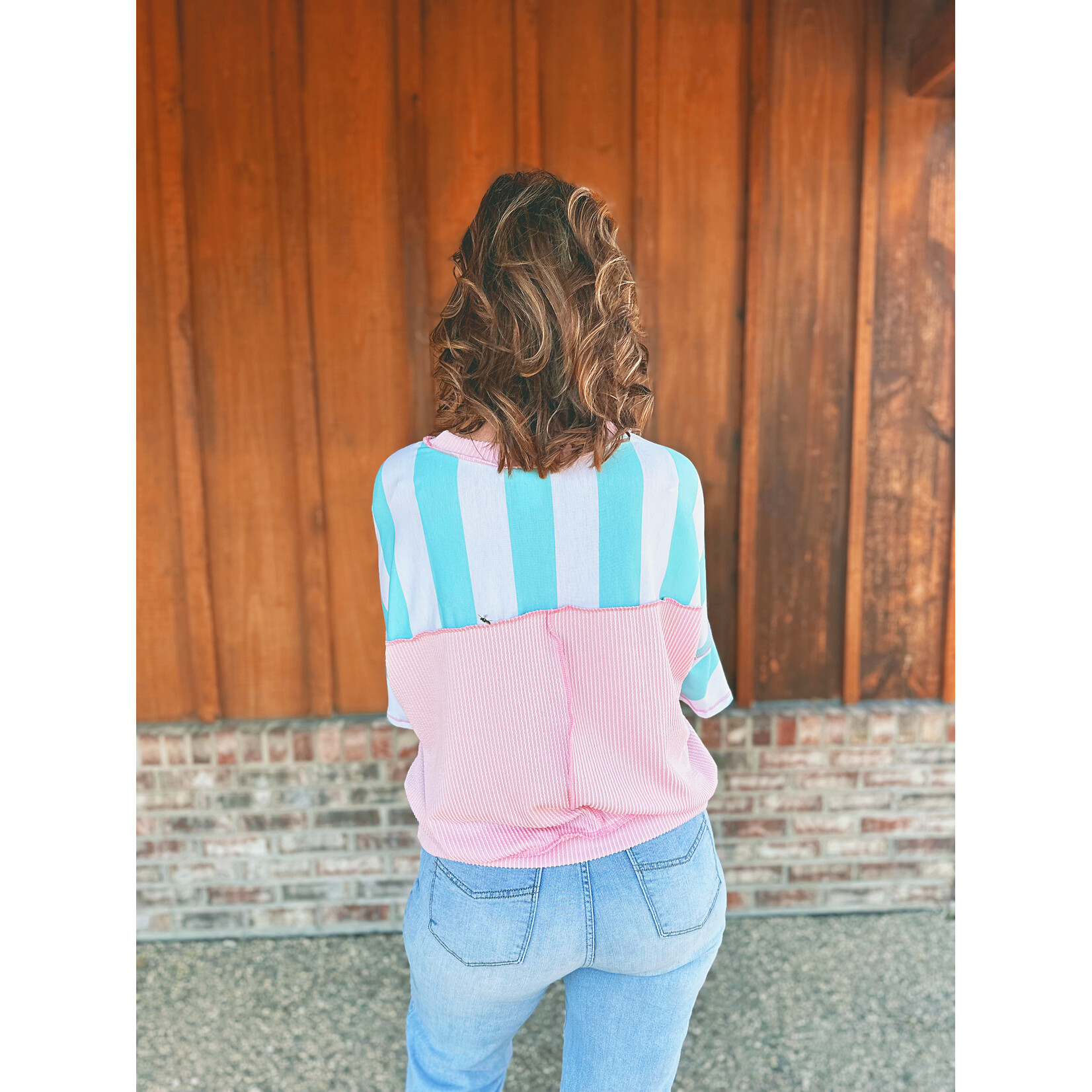 Haptics Haptics Flutter Elbow Sleeve Stripe French Terry Top Mint Blush