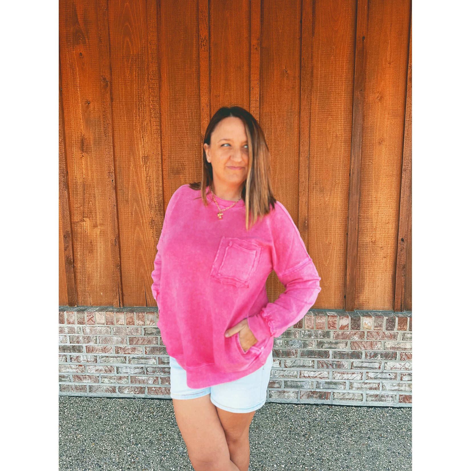 Zenana Zenana Halo Washed French Terry Exposed Seam Sweatshirt Red