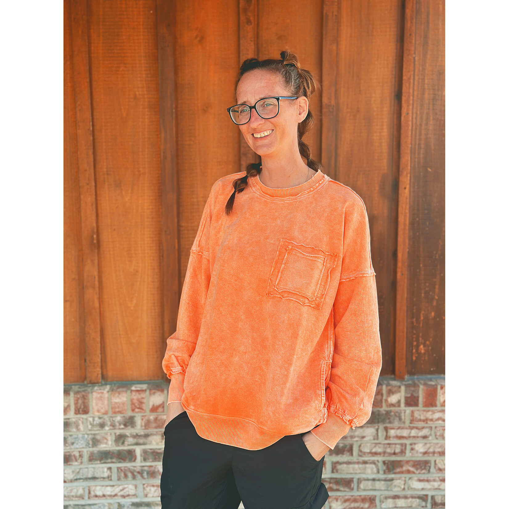 Zenana Zenana Halo Washed French Terry Exposed Seam Sweatshirt Orange