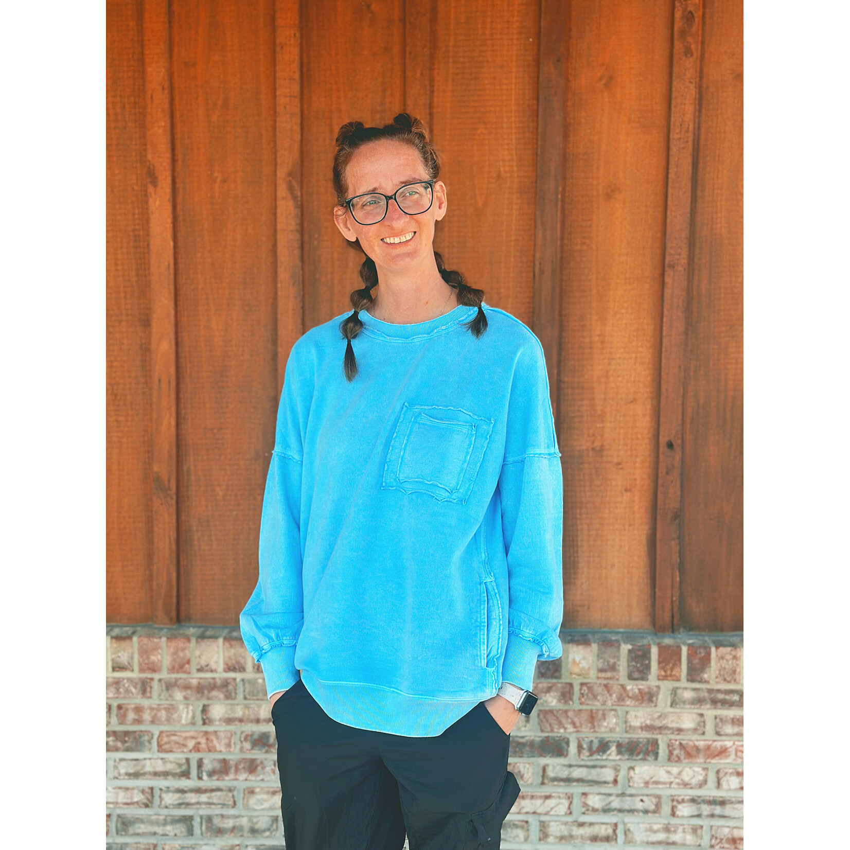 Zenana Zenana Halo Washed French Terry Exposed Seam Sweatshirt Sky Blue