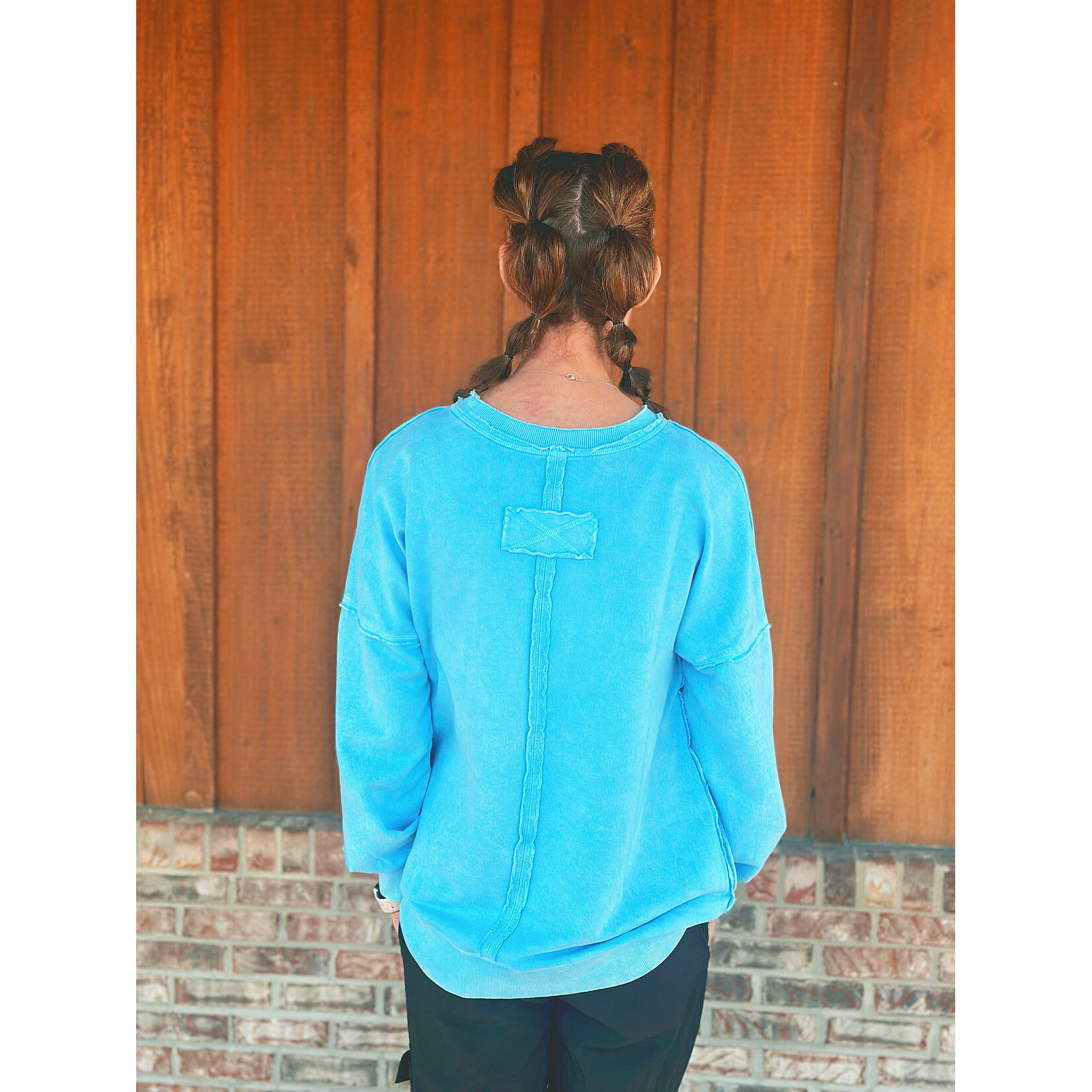Zenana Zenana Halo Washed French Terry Exposed Seam Sweatshirt Sky Blue